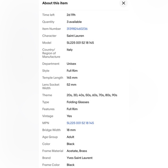 Saint Laurent SL225 001‼️Size 52-18-145.100% Authentic 🏆Note Demo Lenses‼️ - Picture 5 of 10